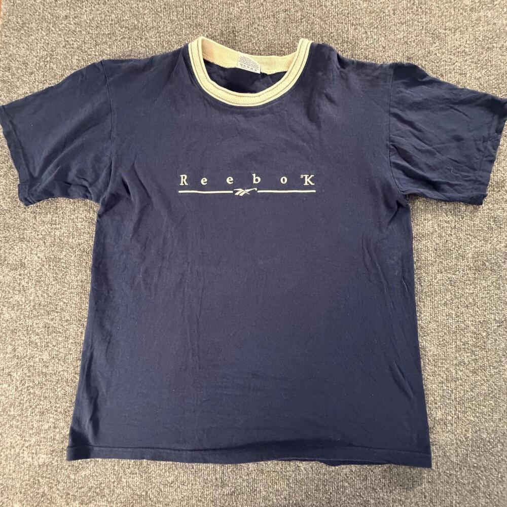 Reebok‎ Vintage Navy Blue T-Shirt with Cream Collar Large #734